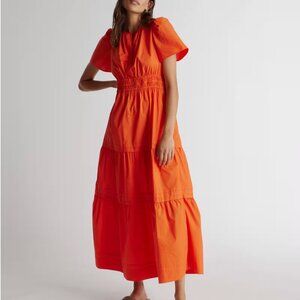 Quince 100% Organic Cotton Poplin Tiered Maxi Dress Vermillion Red Orange Medium